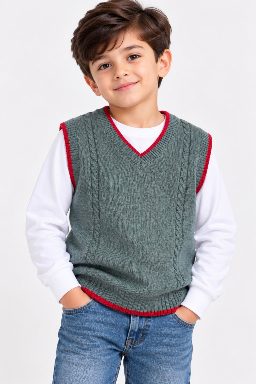 Sleeveless Sweater (00374)Clr-Green-Fabric Acrylic Wool