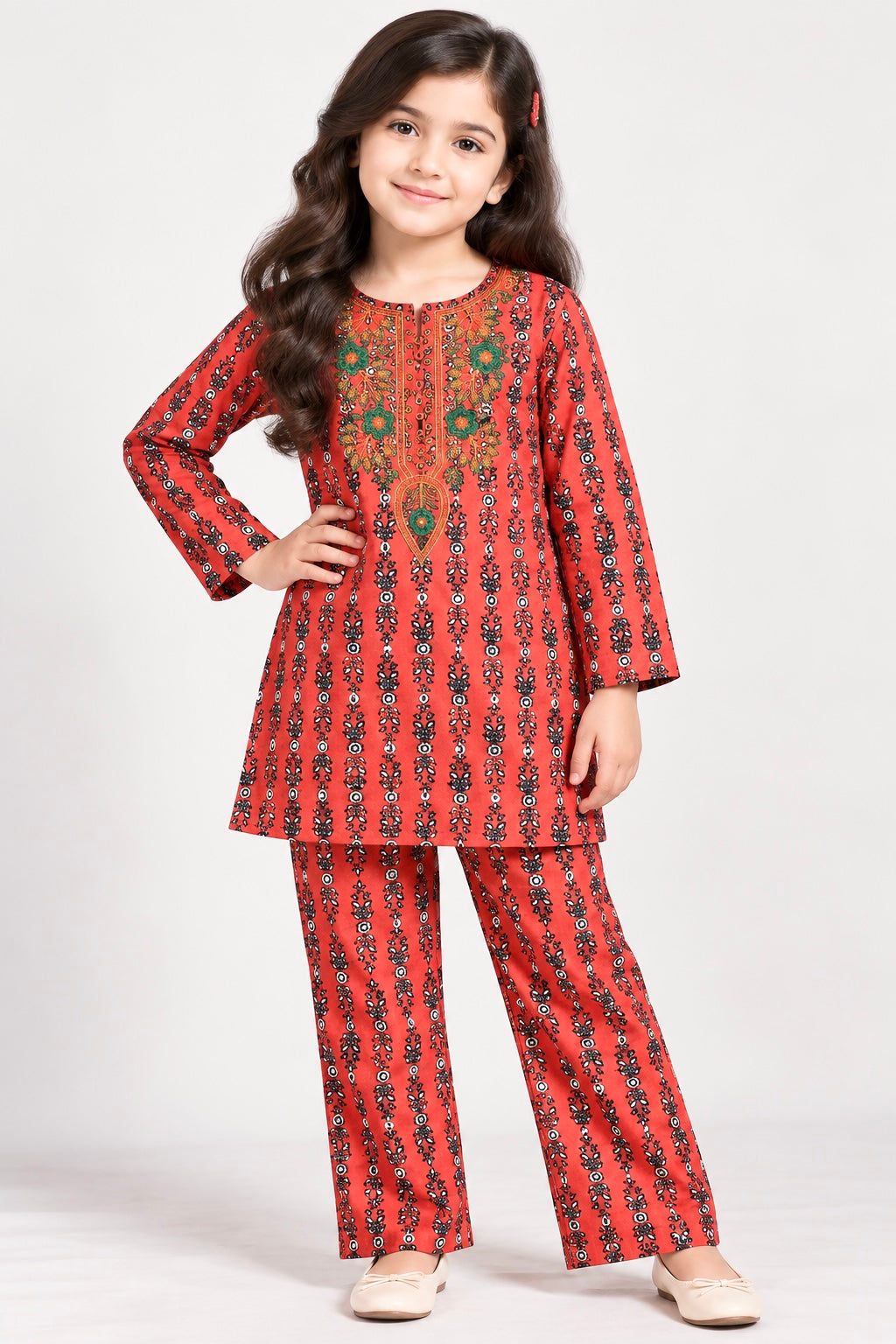 Girls Pair(00317)-Dark Redish Orange-Fabric Flannel For winter
